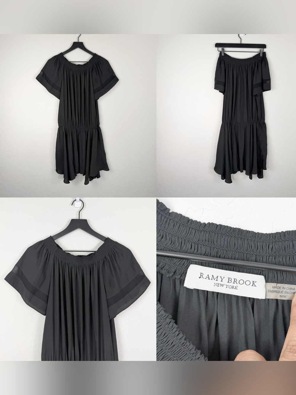 •RAMY BROOK• Jessica Dress Off Shoulder Asymmetrical Hem Black Sz Medium